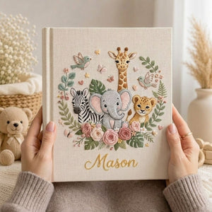 Personalized Safari Baby Embroidered Photo Album, Custom Name Jungle Animals Baby Memory Book, Elephant Giraffe Zebra Nursery Keepsake Gift