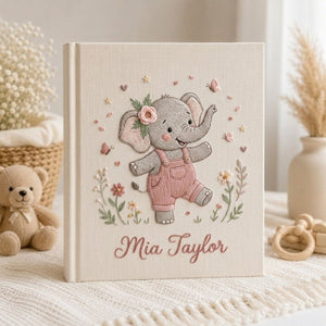 Personalized Elephant Baby Embroidered Photo Album, Custom Name Baby Memory Book, Cute Pink Elephant Nursery Keepsake Gift for Newborn