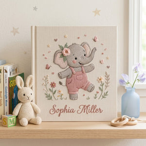 Personalized Elephant Baby Embroidered Photo Album, Custom Name Baby Memory Book, Cute Pink Elephant Nursery Keepsake Gift for Newborn