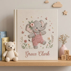 Personalized Elephant Baby Embroidered Photo Album, Custom Name Baby Memory Book, Cute Pink Elephant Nursery Keepsake Gift for Newborn
