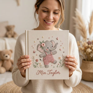 Personalized Elephant Baby Embroidered Photo Album, Custom Name Baby Memory Book, Cute Pink Elephant Nursery Keepsake Gift for Newborn
