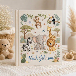Personalized Safari Baby Embroidered Photo Album, Custom Jungle Animals Baby Memory Book, Elephant Lion Giraffe Nursery Keepsake Gift