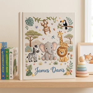 Personalized Safari Baby Embroidered Photo Album, Custom Jungle Animals Baby Memory Book, Elephant Lion Giraffe Nursery Keepsake Gift