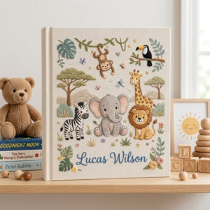 Personalized Safari Baby Embroidered Photo Album, Custom Jungle Animals Baby Memory Book, Elephant Lion Giraffe Nursery Keepsake Gift