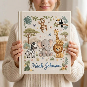 Personalized Safari Baby Embroidered Photo Album, Custom Jungle Animals Baby Memory Book, Elephant Lion Giraffe Nursery Keepsake Gift