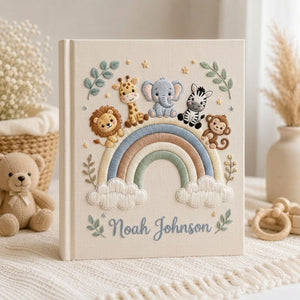 Personalized Safari Rainbow Baby Embroidered Photo Album, Custom Jungle Animals Baby Memory Book, Elephant Lion Giraffe Nursery Keepsake