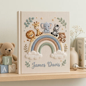 Personalized Safari Rainbow Baby Embroidered Photo Album, Custom Jungle Animals Baby Memory Book, Elephant Lion Giraffe Nursery Keepsake