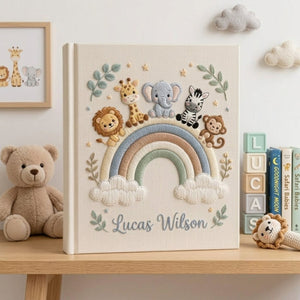 Personalized Safari Rainbow Baby Embroidered Photo Album, Custom Jungle Animals Baby Memory Book, Elephant Lion Giraffe Nursery Keepsake