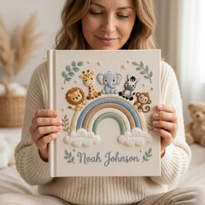 Personalized Safari Rainbow Baby Embroidered Photo Album, Custom Jungle Animals Baby Memory Book, Elephant Lion Giraffe Nursery Keepsake