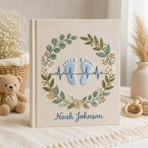 Personalized Baby Footprint Embroidered Photo Album, Custom Name Newborn Memory Book, Birth Stats Heartbeat Keepsake Gift Nursery