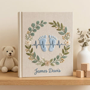Personalized Baby Footprint Embroidered Photo Album, Custom Name Newborn Memory Book, Birth Stats Heartbeat Keepsake Gift Nursery