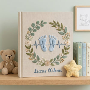 Personalized Baby Footprint Embroidered Photo Album, Custom Name Newborn Memory Book, Birth Stats Heartbeat Keepsake Gift Nursery