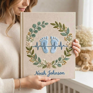 Personalized Baby Footprint Embroidered Photo Album, Custom Name Newborn Memory Book, Birth Stats Heartbeat Keepsake Gift Nursery