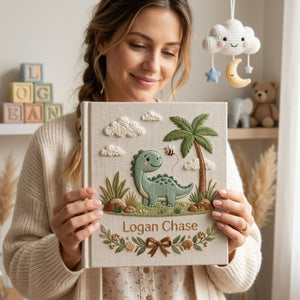Personalized Baby Photo Album, Hand Embroidered Dinosaur Memory Book, Custom Name Keepsake, Woodland Nursery Gift, Newborn, Baby Shower Gift
