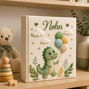 Personalized Hand Embroidered Baby Photo Album With Sleeves, Custom Dinosaur Newborn Memory Book, Nursery Gift, Baby Boy Allbum Gift