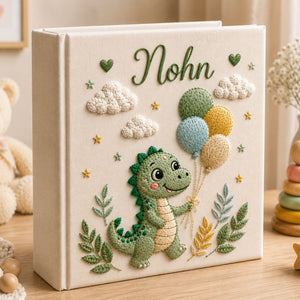 Personalized Hand Embroidered Baby Photo Album With Sleeves, Custom Dinosaur Newborn Memory Book, Nursery Gift, Baby Boy Allbum Gift