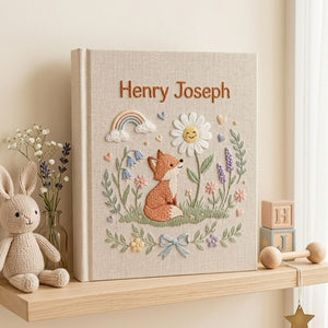 Personalized Baby Photo Album, Hand Embroidered Dinosaur Memory Book, Custom Name Keepsake, Woodland Nursery Gift, Newborn, Baby Shower Gift