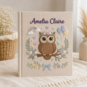 Personalized Baby Photo Album, Hand Embroidered Baby Album, Custom Name Linen Photo Book, Owl Nursery Memory Book, Baby Shower Gift