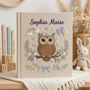 Personalized Baby Photo Album, Hand Embroidered Baby Album, Custom Name Linen Photo Book, Owl Nursery Memory Book, Baby Shower Gift