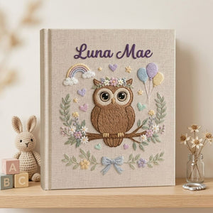 Personalized Baby Photo Album, Hand Embroidered Baby Album, Custom Name Linen Photo Book, Owl Nursery Memory Book, Baby Shower Gift