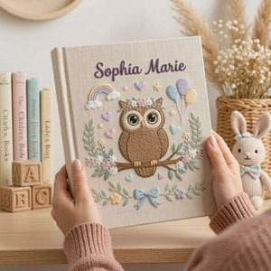 Personalized Baby Photo Album, Hand Embroidered Baby Album, Custom Name Linen Photo Book, Owl Nursery Memory Book, Baby Shower Gift