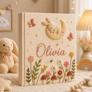 Personalized Embroidered Bunny Baby Photo Album, Custom Name Memory Book Rabbit Nursery Decor, Baby Girl Shower Gift, Newborn Keepsake Gift