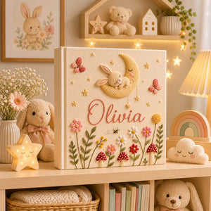 Personalized Embroidered Bunny Baby Photo Album, Custom Name Memory Book Rabbit Nursery Decor, Baby Girl Shower Gift, Newborn Keepsake Gift
