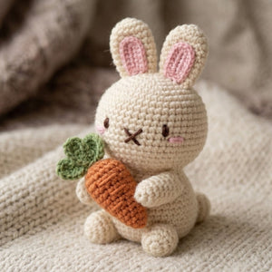 Crochet Bunny With Carrot Amigurumi Plush, Handmade Rabbit Stuffed Toy, Cute Easter Nursery Decor, Custom 4-12 Inch Soft Gift For Baby Rooms