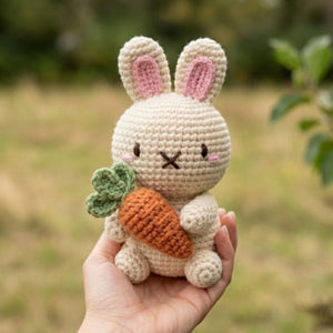 Crochet Bunny With Carrot Amigurumi Plush, Handmade Rabbit Stuffed Toy, Cute Easter Nursery Decor, Custom 4-12 Inch Soft Gift For Baby Rooms