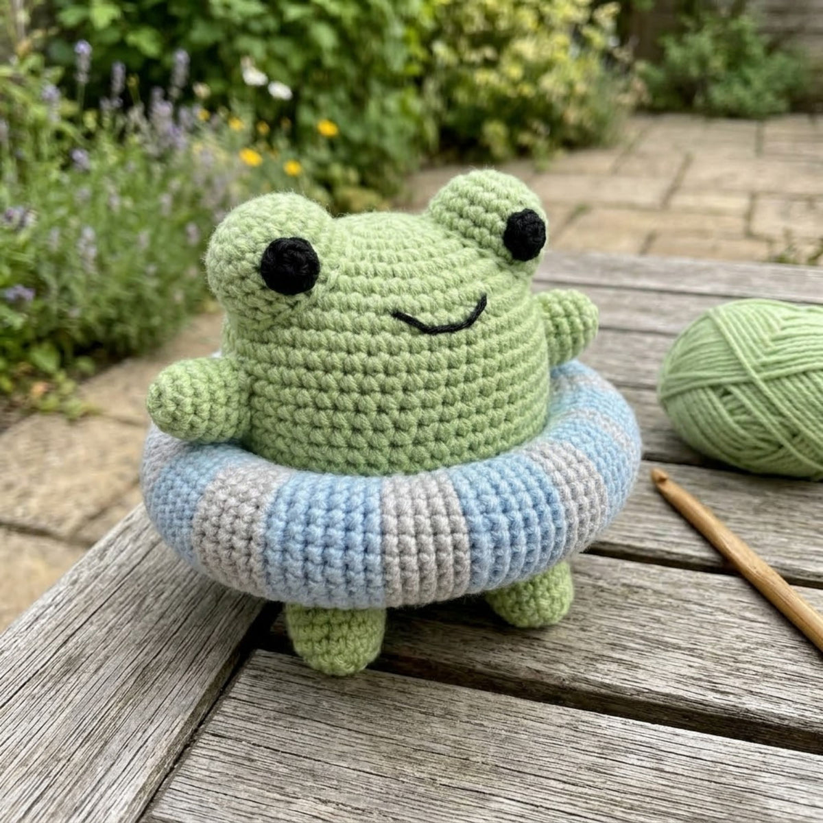 Crochet Frog Pool Float Amigurumi Plush, Handmade Frog Stuffed Toy, Cute Swim Ring Nursery Decor, Custom 4-12 Inch Summer Gift For Kids Room