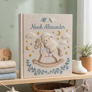 Hand Embroidered Baby Photo Album, Personalized Rocking Horse Lamb Album, Custom Name Linen Baby Keepsake, Nursery Decor Gift