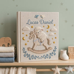 Hand Embroidered Baby Photo Album, Personalized Rocking Horse Lamb Album, Custom Name Linen Baby Keepsake, Nursery Decor Gift