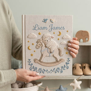 Hand Embroidered Baby Photo Album, Personalized Rocking Horse Lamb Album, Custom Name Linen Baby Keepsake, Nursery Decor Gift