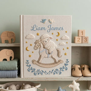 Hand Embroidered Baby Photo Album, Personalized Rocking Horse Lamb Album, Custom Name Linen Baby Keepsake, Nursery Decor Gift