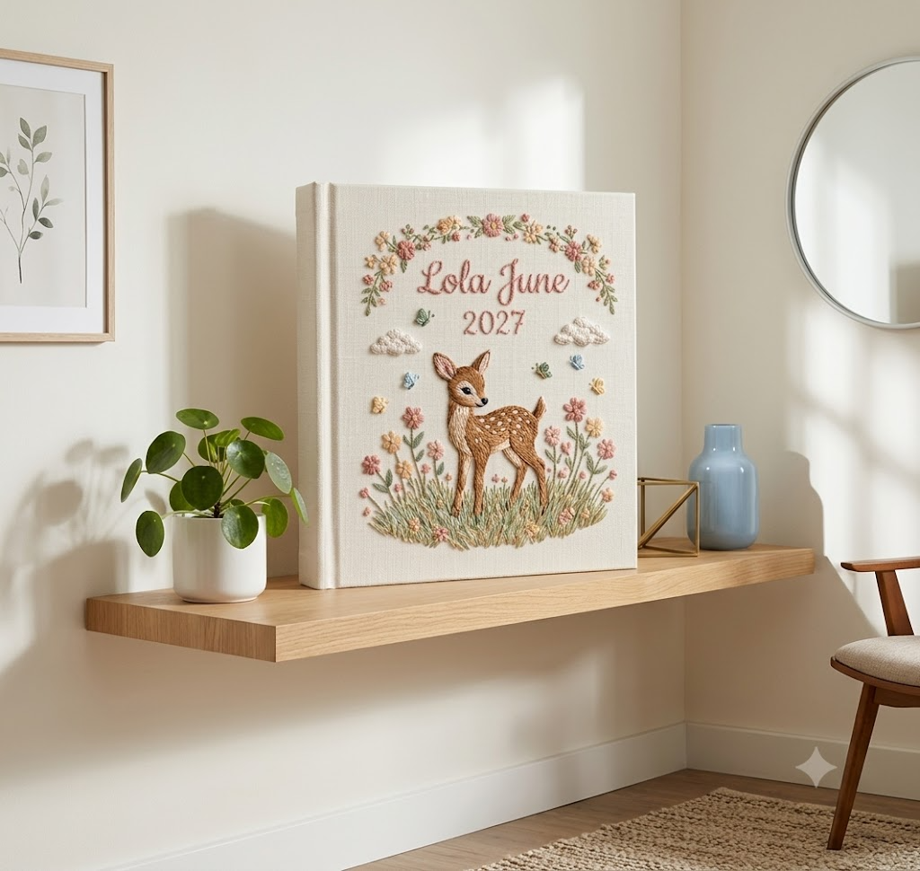 Personalized Baby Photo Album, Embroidered Keepsake Book With Sleeves
