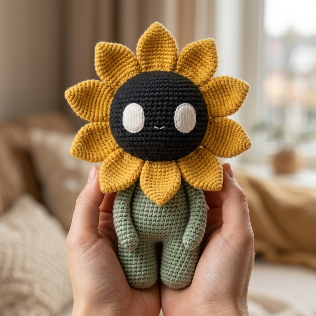 Spooky Sunflower Crochet Plush, Black Face Flower Doll, Amigurumi