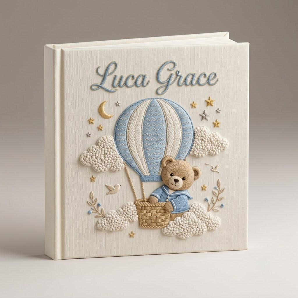Personalized Baby Photo Album, Hand Embroidered Teddy Bear Hot Air Balloon Keepsake