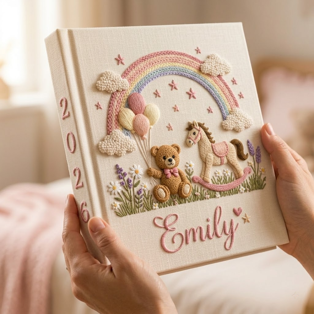 Personalized Baby Photo Album, Custom Embroidered Memory Book, Rainbow Rocking Horse