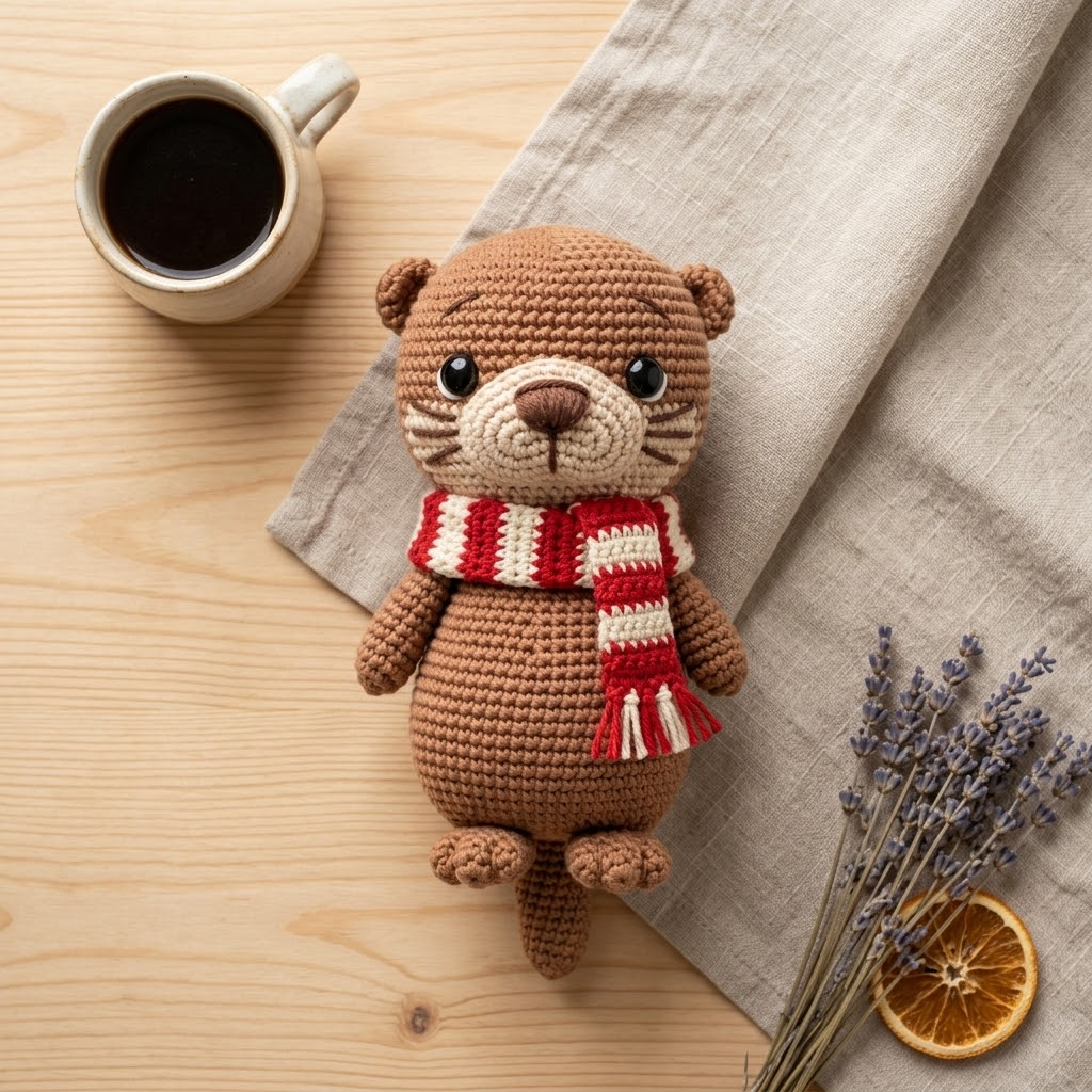 Christmas Otter Crochet Doll, Cute Amigurumi With Candy Cane Scarf