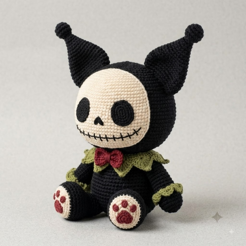 Gothic Skull Jester Crochet Plush, Spooky Amigurumi Creature Doll