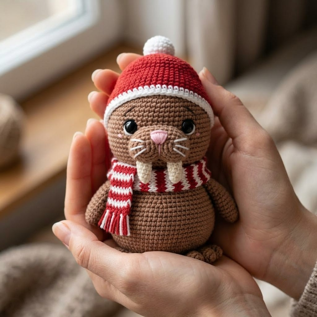 Walrus Crochet Doll, Handmade Amigurumi Plush With Hat & Scarf