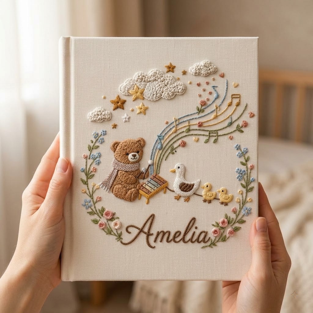 Personalized Baby Photo Album, Embroidered Teddy Bear & Duck Memory Book