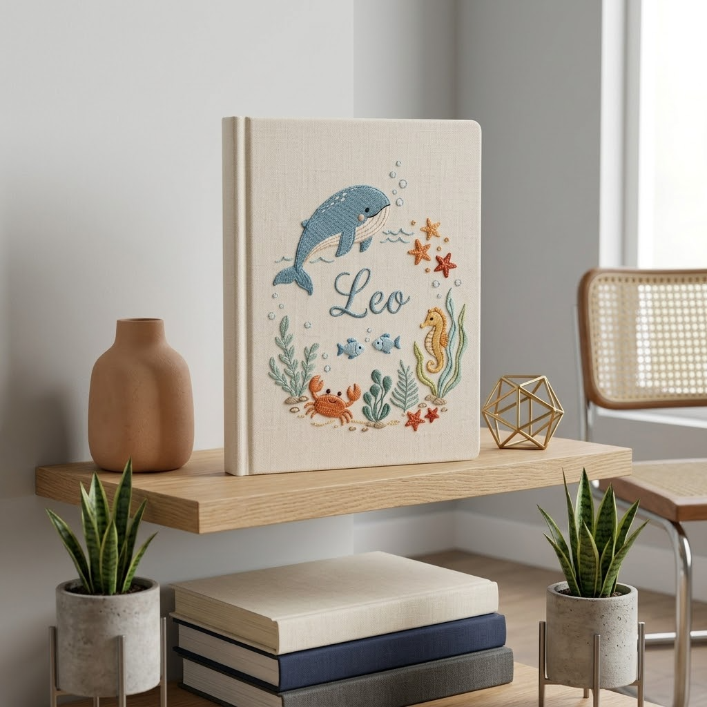 Personalized Baby Photo Album, Embroidered Ocean Design With Sleeves, Unique Custom Keepsake
