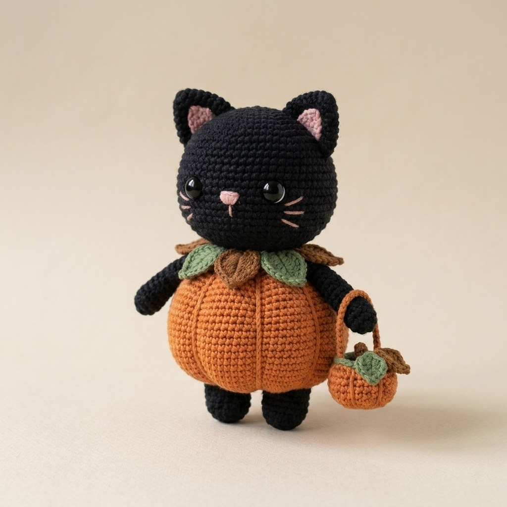 Halloween Black Cat Crochet Doll, Pumpkin Costume Amigurumi Plush Gift
