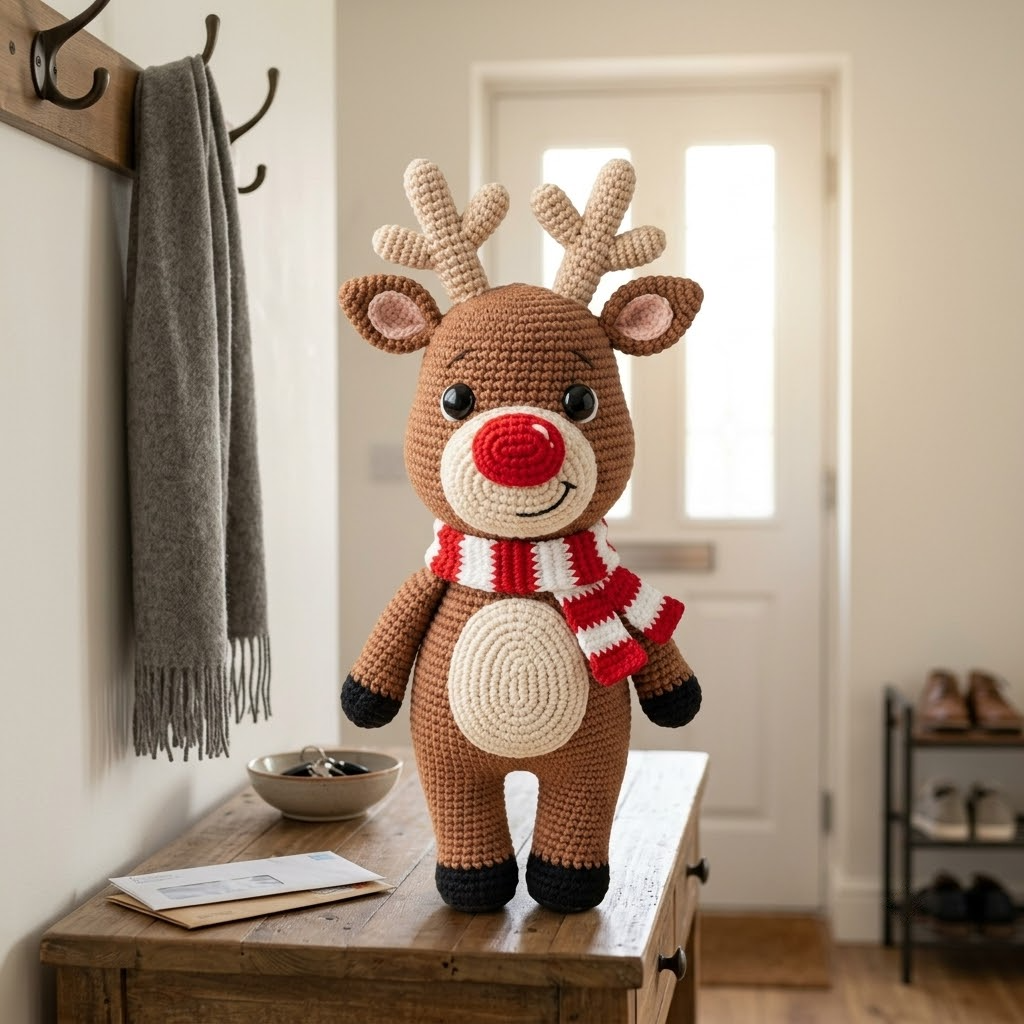 Cute Red Nosed Reindeer Crochet Doll, Christmas Amigurumi Plush Toy With Scarf