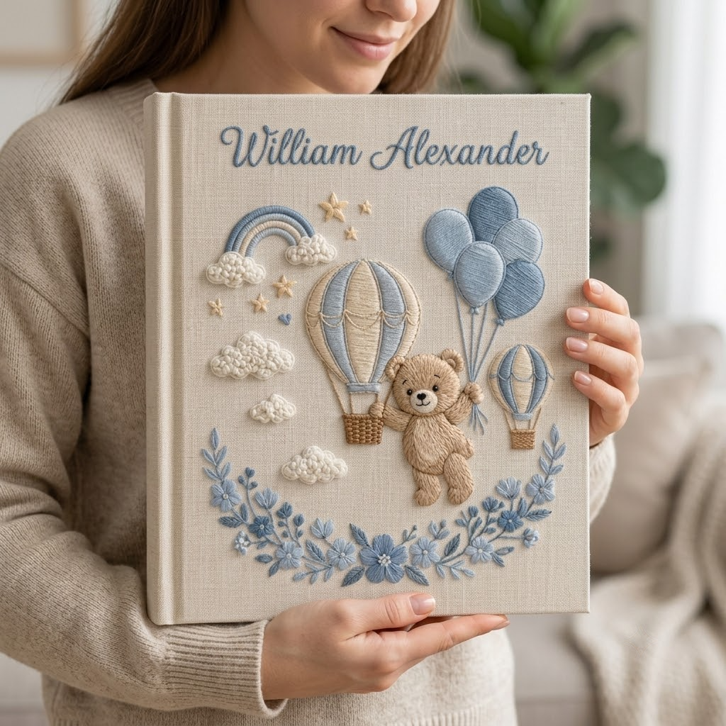 Custom Photo Album For Baby Boy, Personalized Teddy Bear Memory Book, Hot Air Balloon Nursery Gift