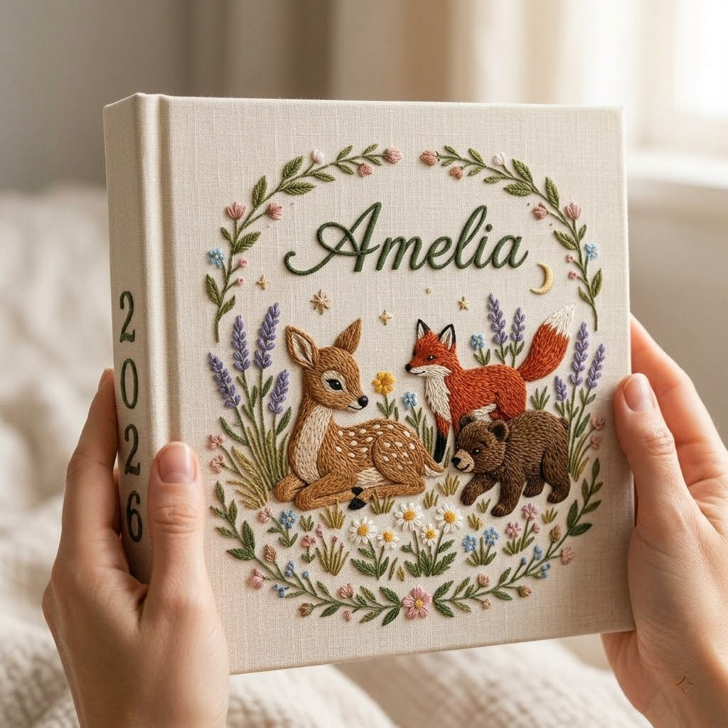Personalized Baby Photo Album, Embroidered Fox Deer Bear, Custom Memory Book, Newborn Keepsake