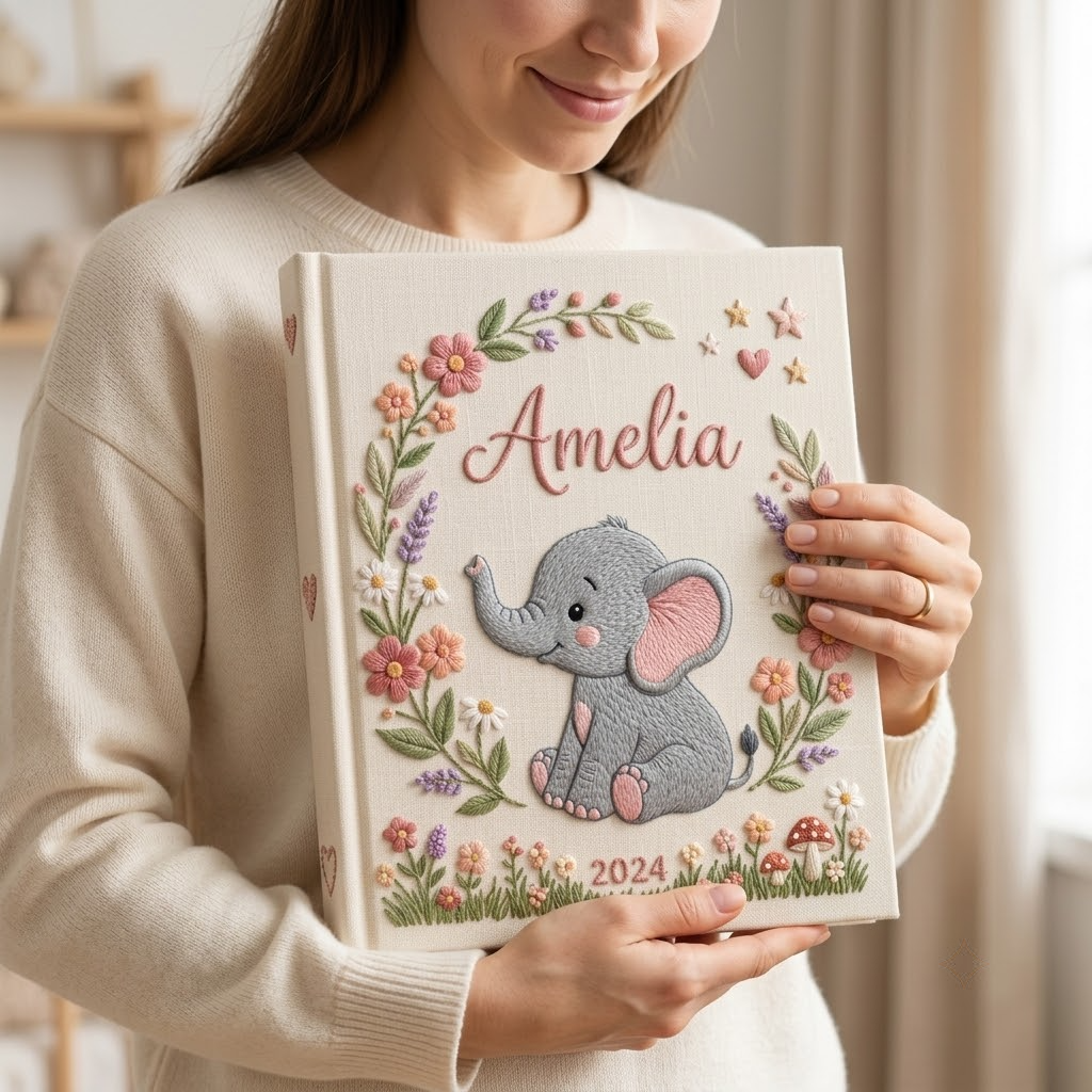Personalized Baby Photo Album, Embroidered Rainbow Elephant Nursery Keepsake, Custom Name Girl Baby Shower Gift