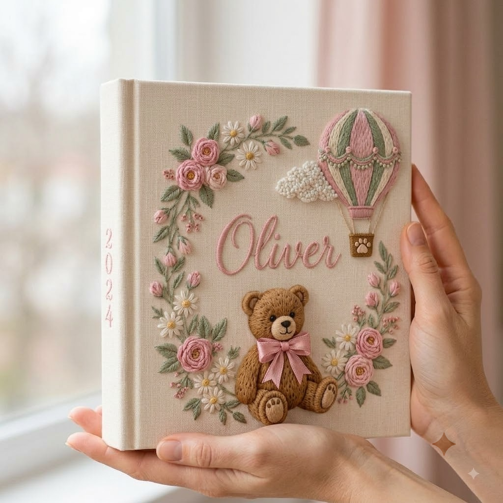 Personalized Baby Photo Album, Custom Embroidered Memory Book For Boy