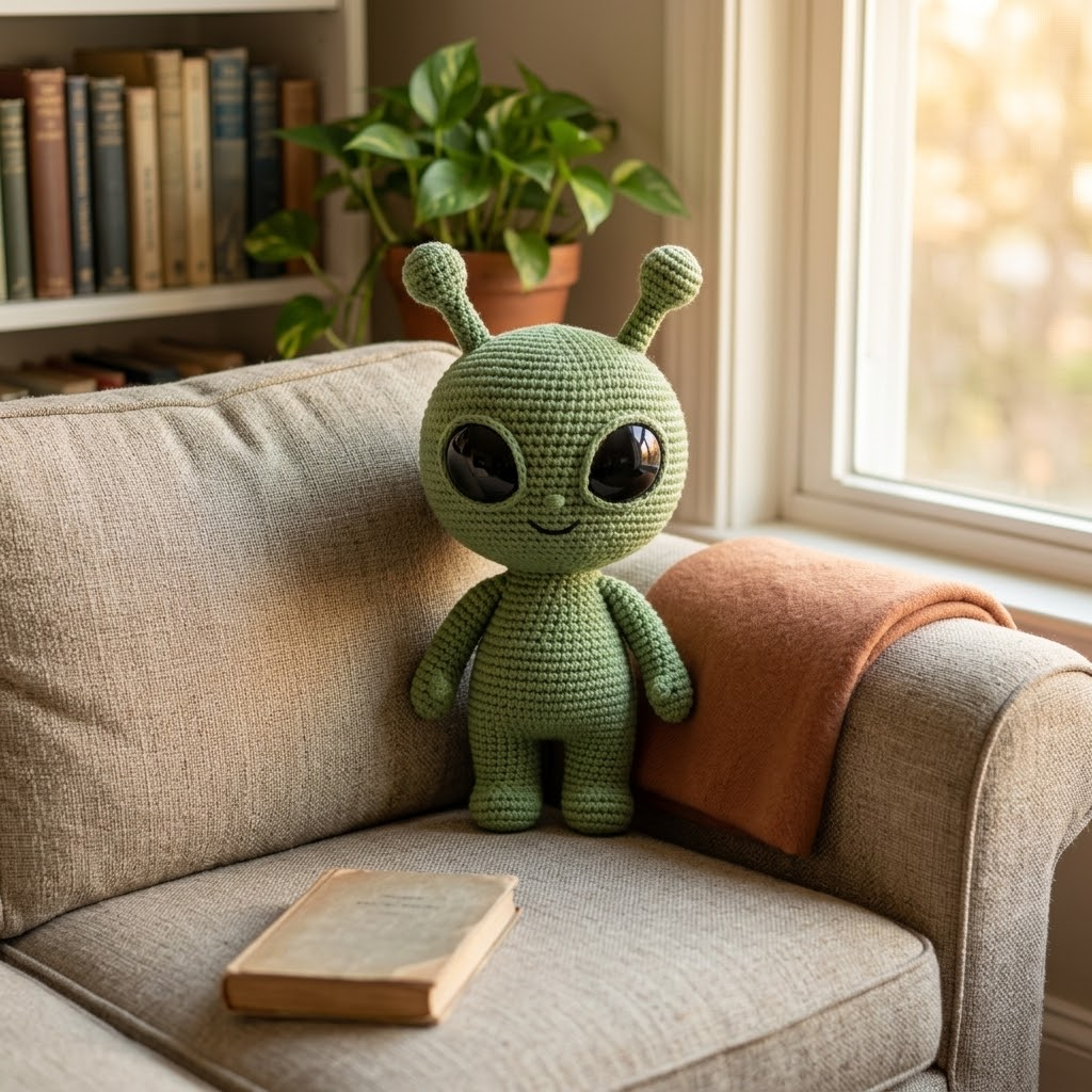 Cute Green Alien Crochet Doll, Big Eye Amigurumi Toy, Space Creature Gift